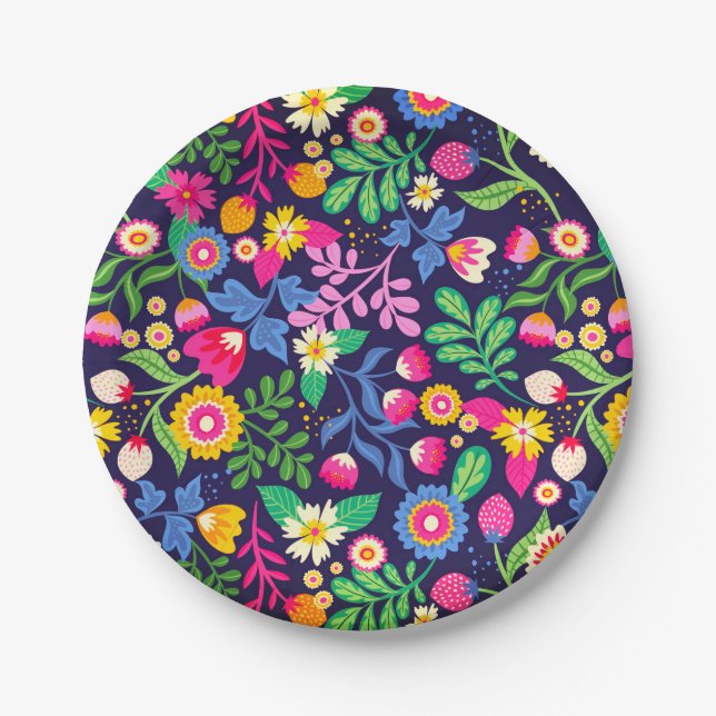 Exotic Hand Painted Floral Pattern Paper Plates (Front)