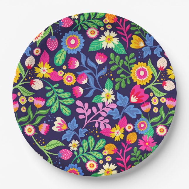 Exotic Hand Painted Floral Pattern Paper Plates (Front)