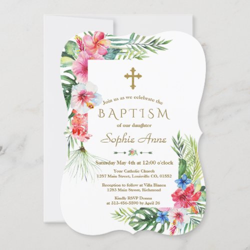 Exotic Hawaiian Tropical Floral Frame Baptism Invitation