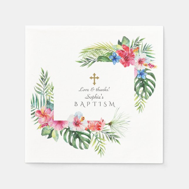Exotic Hawaiian Tropical Floral Frame Baptism Napkins (Front)