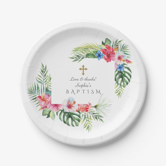 Exotic Hawaiian Tropical Floral Frame Baptism Paper Plates (Front)