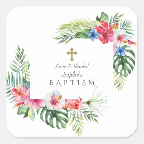 Exotic Hawaiian Tropical Floral Frame Baptism Square Sticker