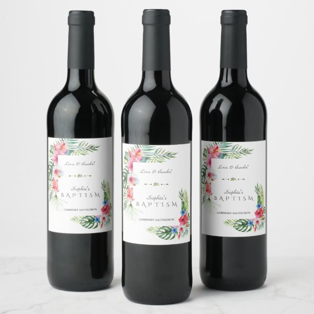 Exotic Hawaiian Tropical Floral Frame Baptism Wine Label (Bottles)
