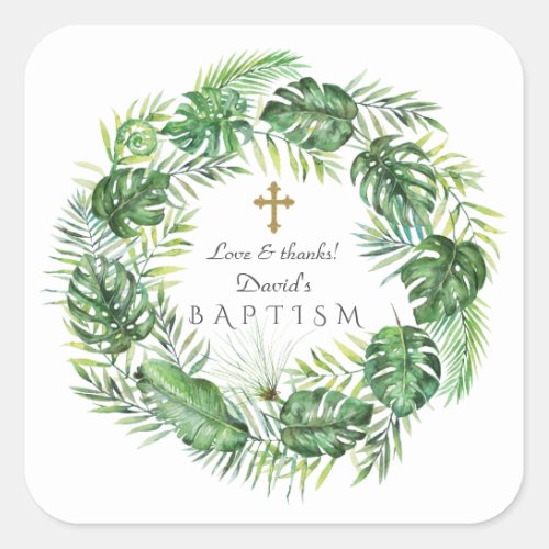 Exotic Hawaiian Tropical Leaves Wreath Christening Square Sticker