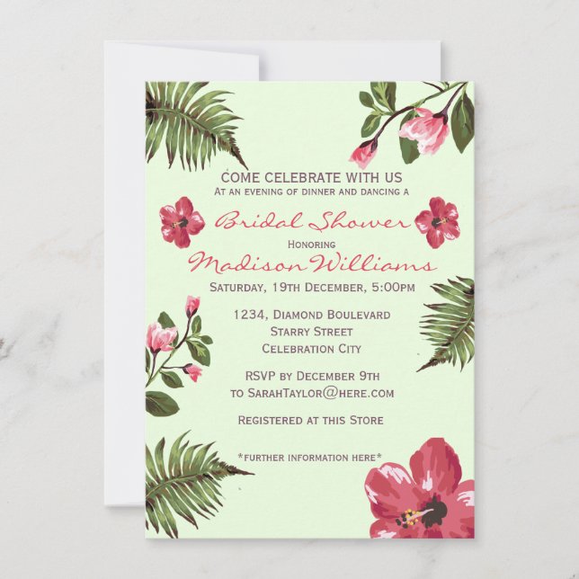 Exotic Hibiscus & Tropical Leaves Bridal Shower Invitation (Front)