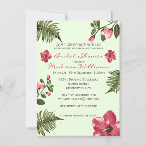 Exotic Hibiscus  Tropical Leaves Bridal Shower Invitation