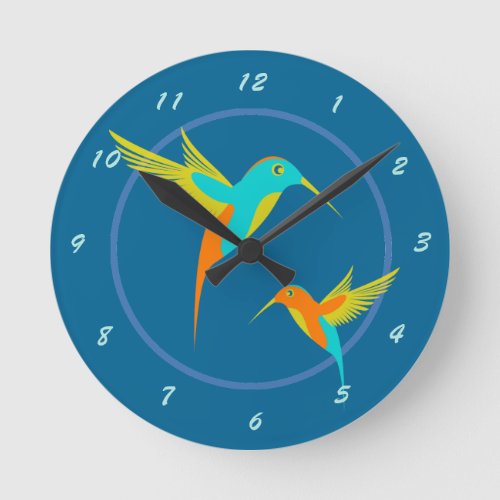 Exotic Hummingbirds Blue Round Clock