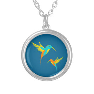 Exotic Hummingbirds Blue Silver Plated Necklace