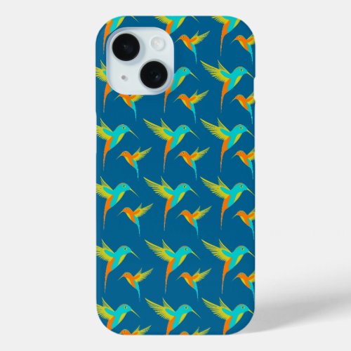 Exotic Hummingbirds Pattern Blue iPhone 15 Case