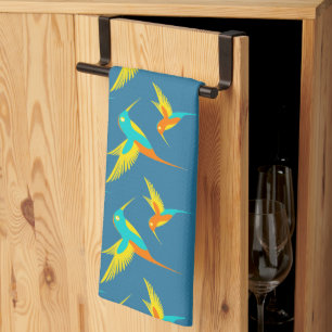 Exotic Hummingbirds Pattern Blue Kitchen Towel