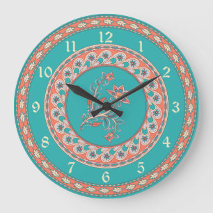 Exotic Indian Teal Floral and Leaf Large Clock