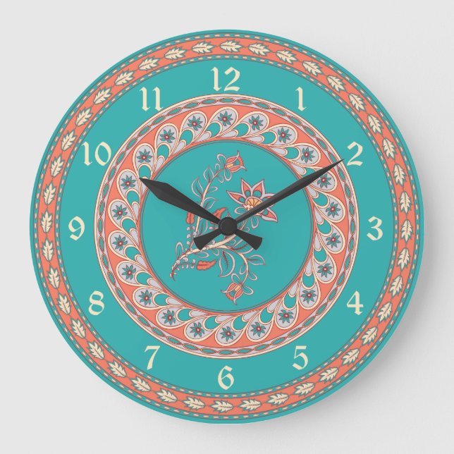 Exotic Indian Teal Floral and Leaf Large Clock (Front)
