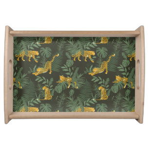 Exotic Jaguar Leopard Jungle Foliage Green Pattern Serving Tray