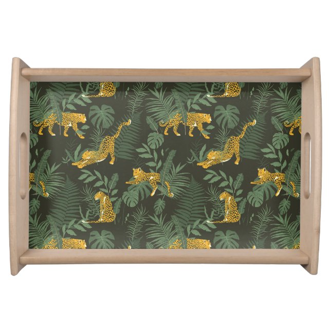 Exotic Jaguar Leopard Jungle Foliage Green Pattern Serving Tray (Front)