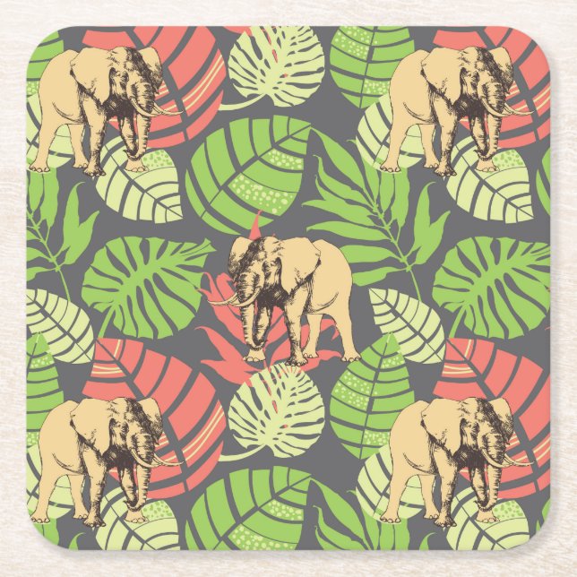 Exotic Jungle Leaves And Elephants 2 Square Paper Coaster (Front)