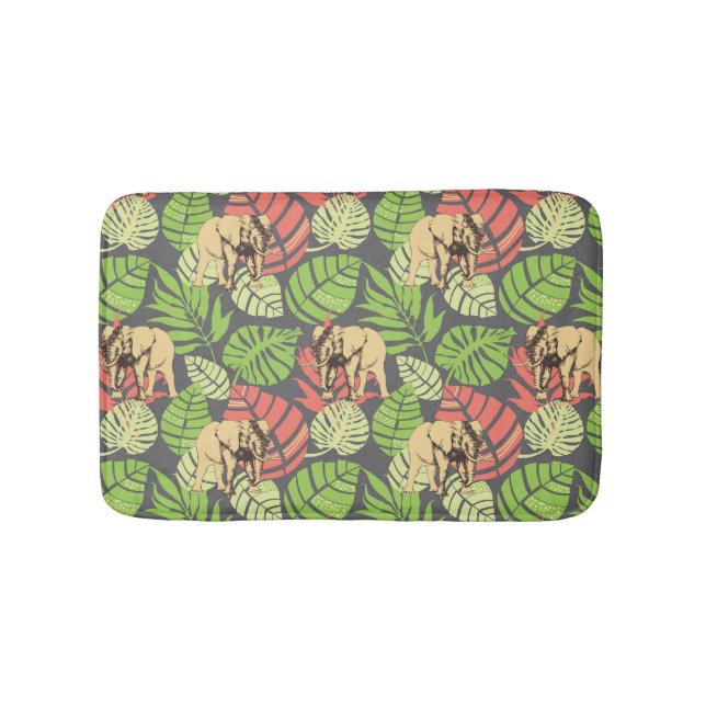 Exotic Jungle Leaves And Elephants Bathroom Mat (Front)