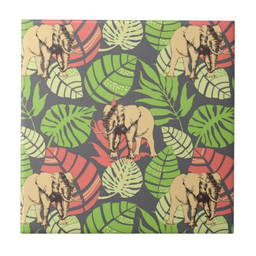 Exotic Jungle Leaves And Elephants Ceramic Tile