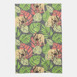 Exotic Jungle Leaves And Elephants Kitchen Towel
