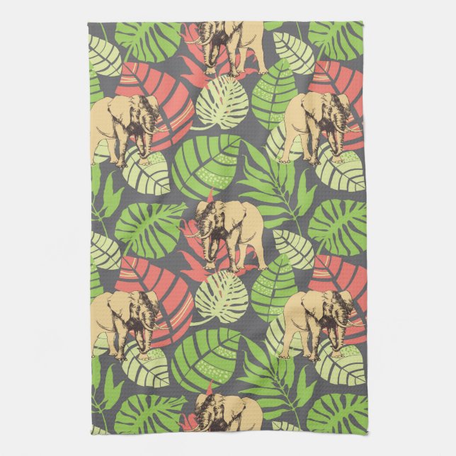 Exotic Jungle Leaves And Elephants Kitchen Towel (Vertical)