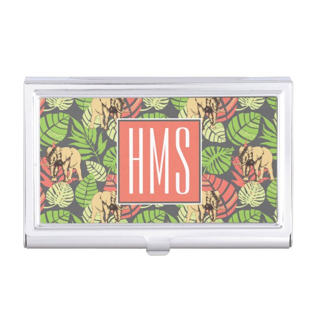 Exotic Jungle Leaves And Elephants | Monogram Case For Business Cards (Front)