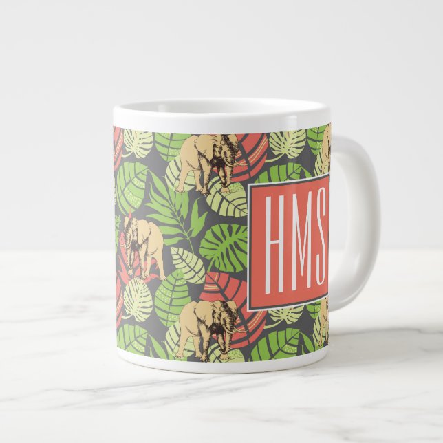 Exotic Jungle Leaves And Elephants | Monogram Giant Coffee Mug (Front Right)