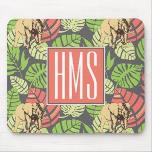 Exotic Jungle Leaves And Elephants   Monogram Mouse Pad