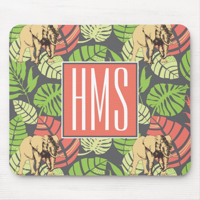 Exotic Jungle Leaves And Elephants | Monogram Mouse Pad (Front)