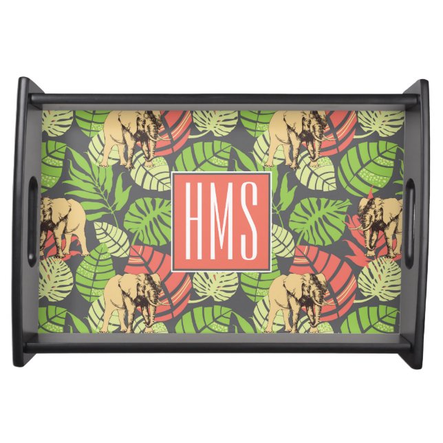Exotic Jungle Leaves And Elephants | Monogram Serving Tray (Front)