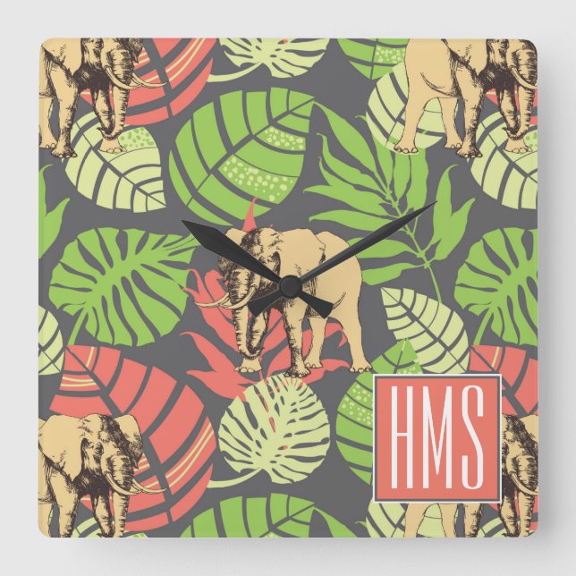 Exotic Jungle Leaves And Elephants | Monogram Square Wall Clock (Front)