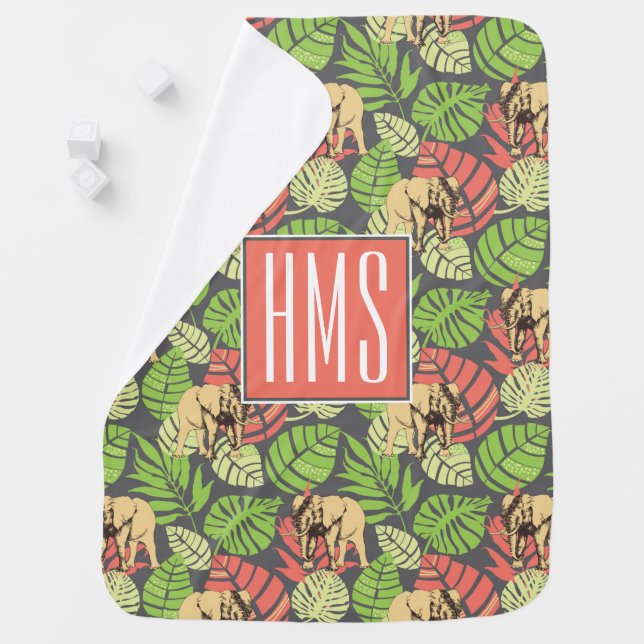 Exotic Jungle Leaves And Elephants | Monogram Stroller Blanket (In Situ)