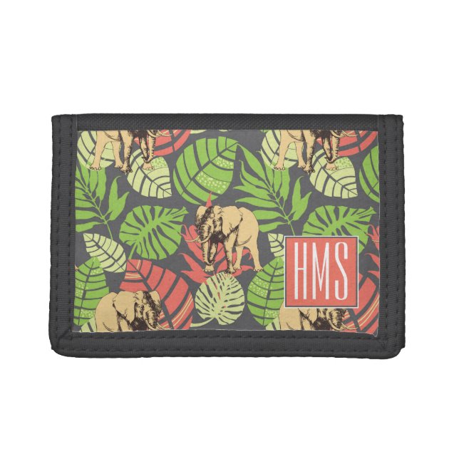 Exotic Jungle Leaves And Elephants | Monogram Trifold Wallet (Front)