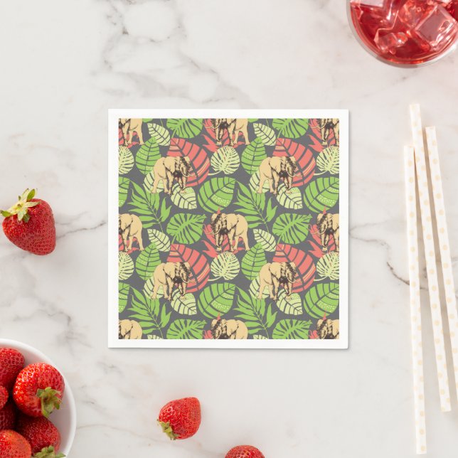 Exotic Jungle Leaves And Elephants Napkins (Insitu)