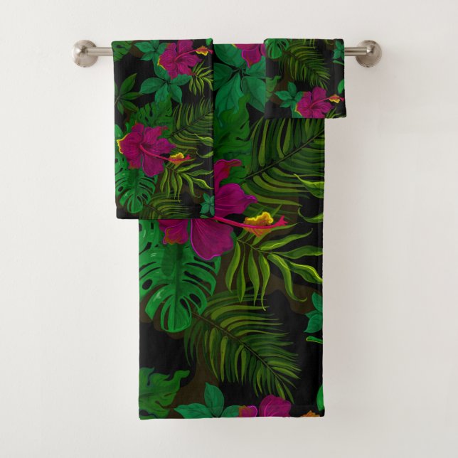 Exotic jungle night orchids pattern bath towel set (Insitu)