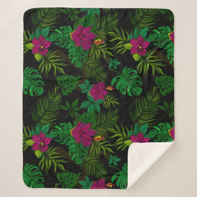 Exotic jungle night orchids pattern sherpa blanket (Front)