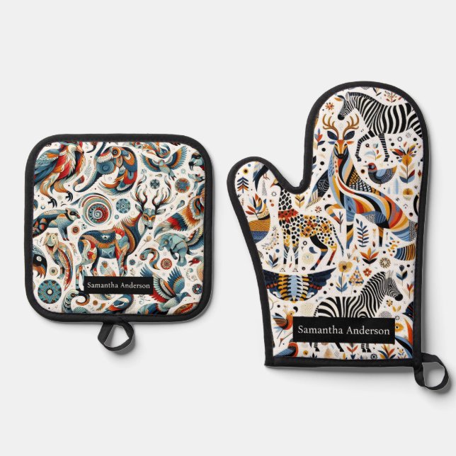 Exotic Kitchen: African Animal Pattern Oven Mitt & Pot Holder Set (Front)
