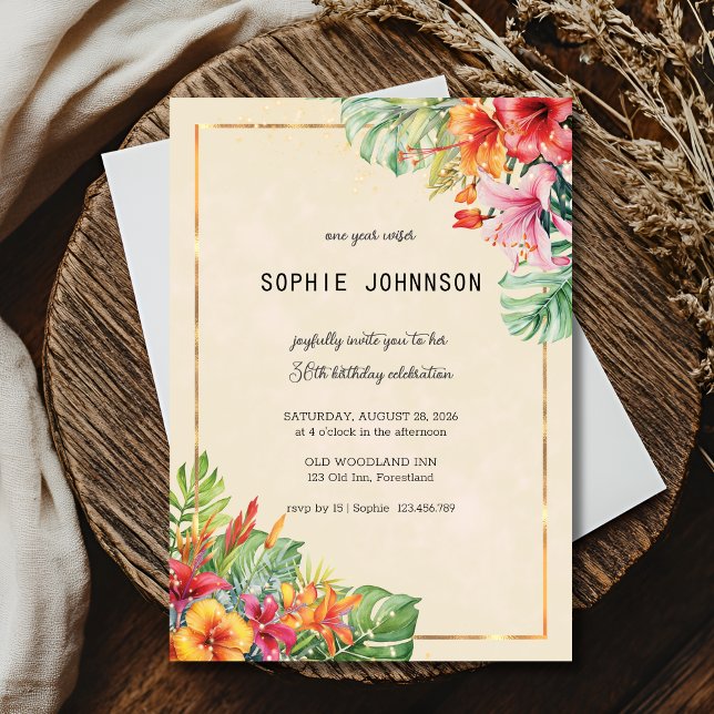 Exotic leaves and flowers birthday invitation (Creator Uploaded)