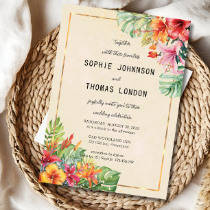 Exotic leaves and flowers watercolor wedding invitation