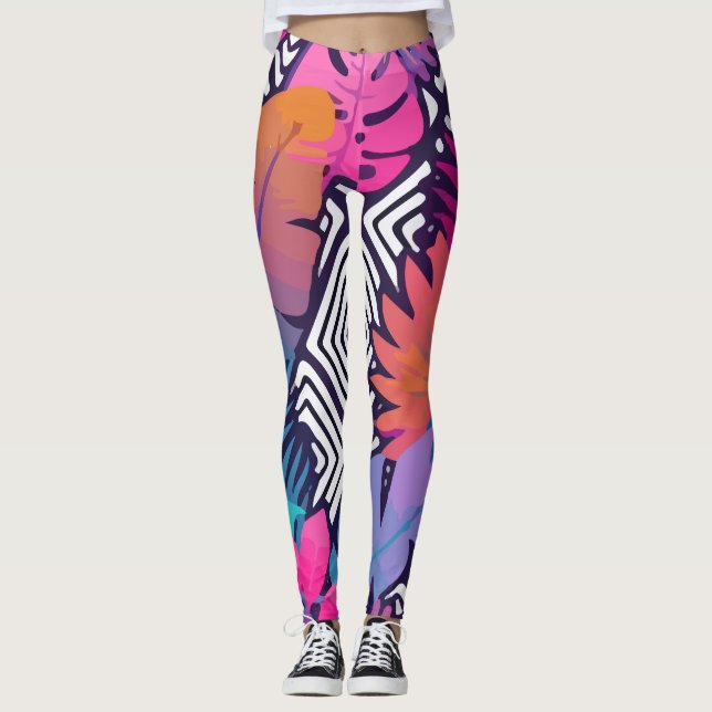 Exotic Leaves Flowers On Geometrical Leggings (Front)