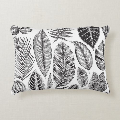 Exotic leaves vintage floral black and white accent pillow