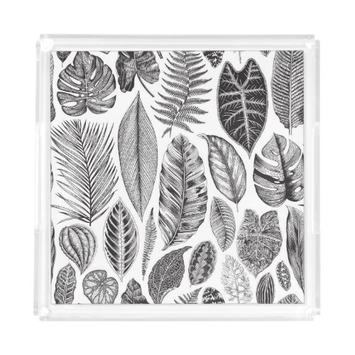 Exotic leaves vintage floral black and white acrylic tray