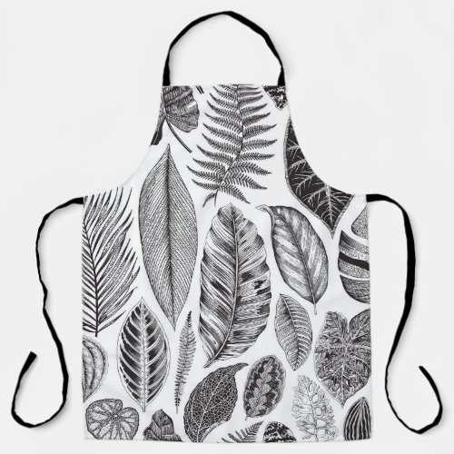 Exotic leaves vintage floral black and white apron