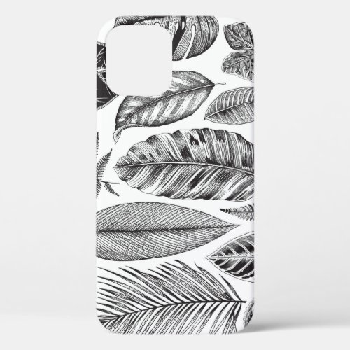 Exotic leaves vintage floral black and white iPhone 12 case