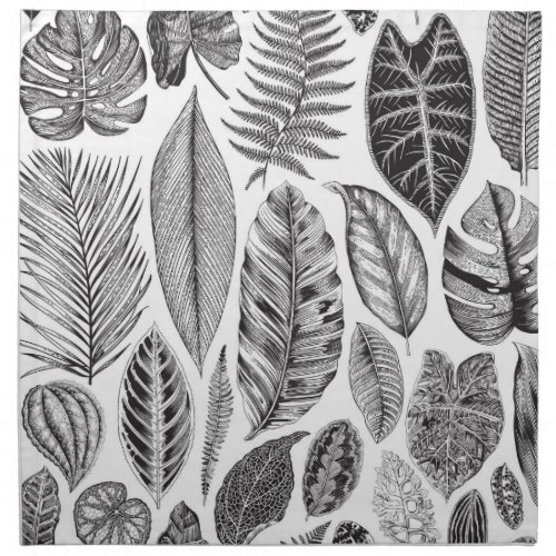 Exotic leaves vintage floral black and white cloth napkin