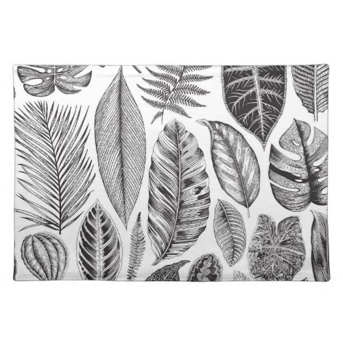 Exotic leaves vintage floral black and white cloth placemat