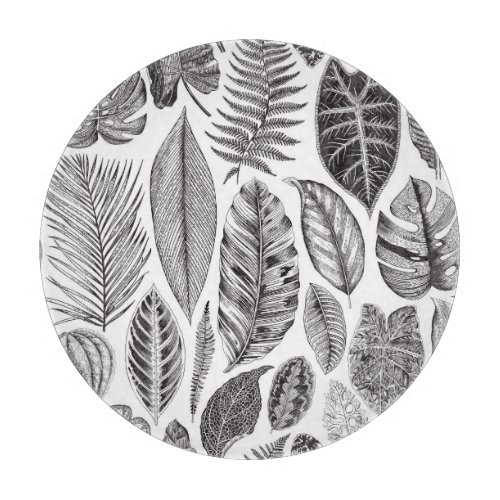 Exotic leaves vintage floral black and white cutting board