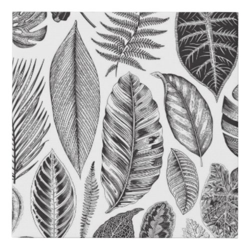 Exotic leaves vintage floral black and white faux canvas print