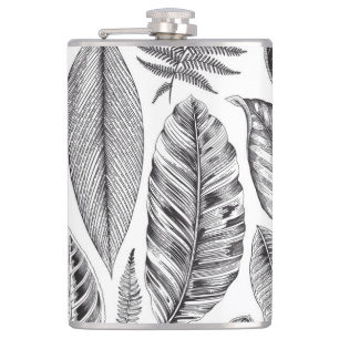 Exotic leaves, vintage floral black and white. flask