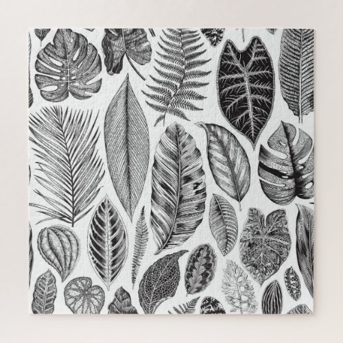 Exotic leaves vintage floral black and white jigsaw puzzle