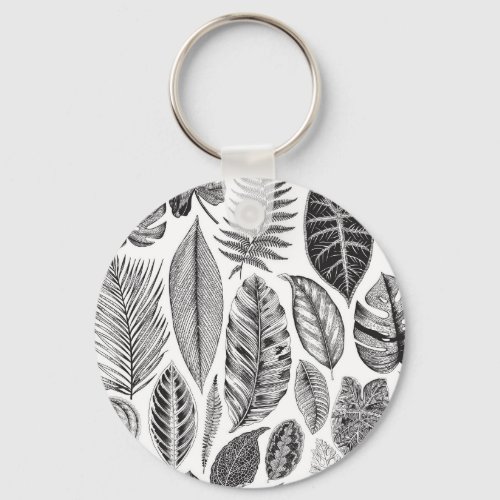 Exotic leaves vintage floral black and white keychain