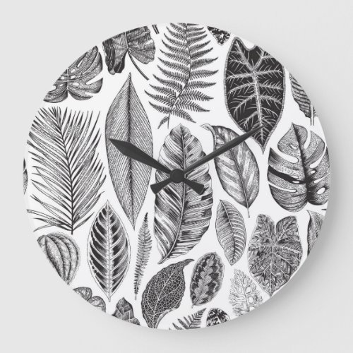 Exotic leaves vintage floral black and white large clock